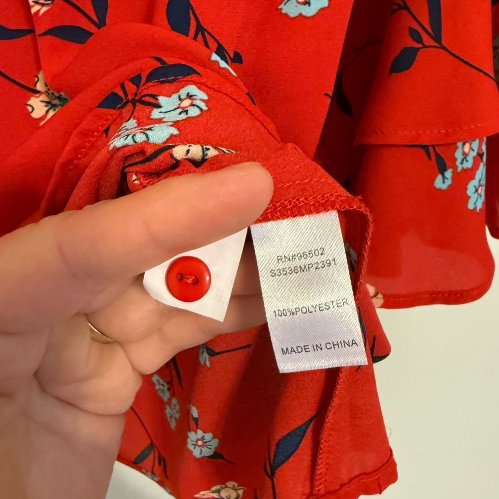 2/$15 Krazy Kat - Red Floral Blouse with 3/4 Bell Sleeves | Size S - Picture 7 of 8